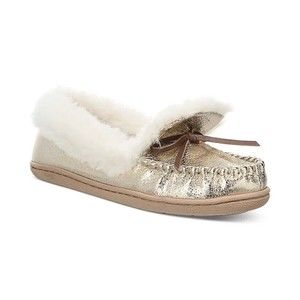 Charter Club Slippers Moccasin Faux Fur Lined Indoor Slip On Metallic Gold 5M